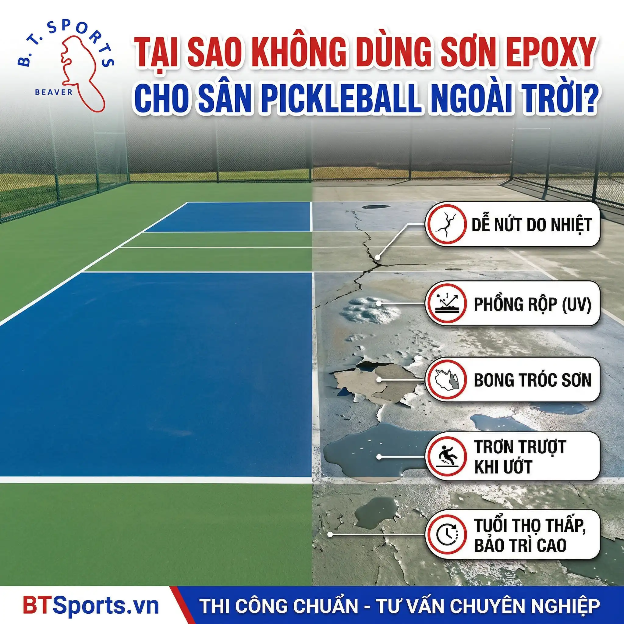 Tại Sao KHÔNG Dùng Sơn Epoxy Cho Sân Pickleball Ngoài Trời?