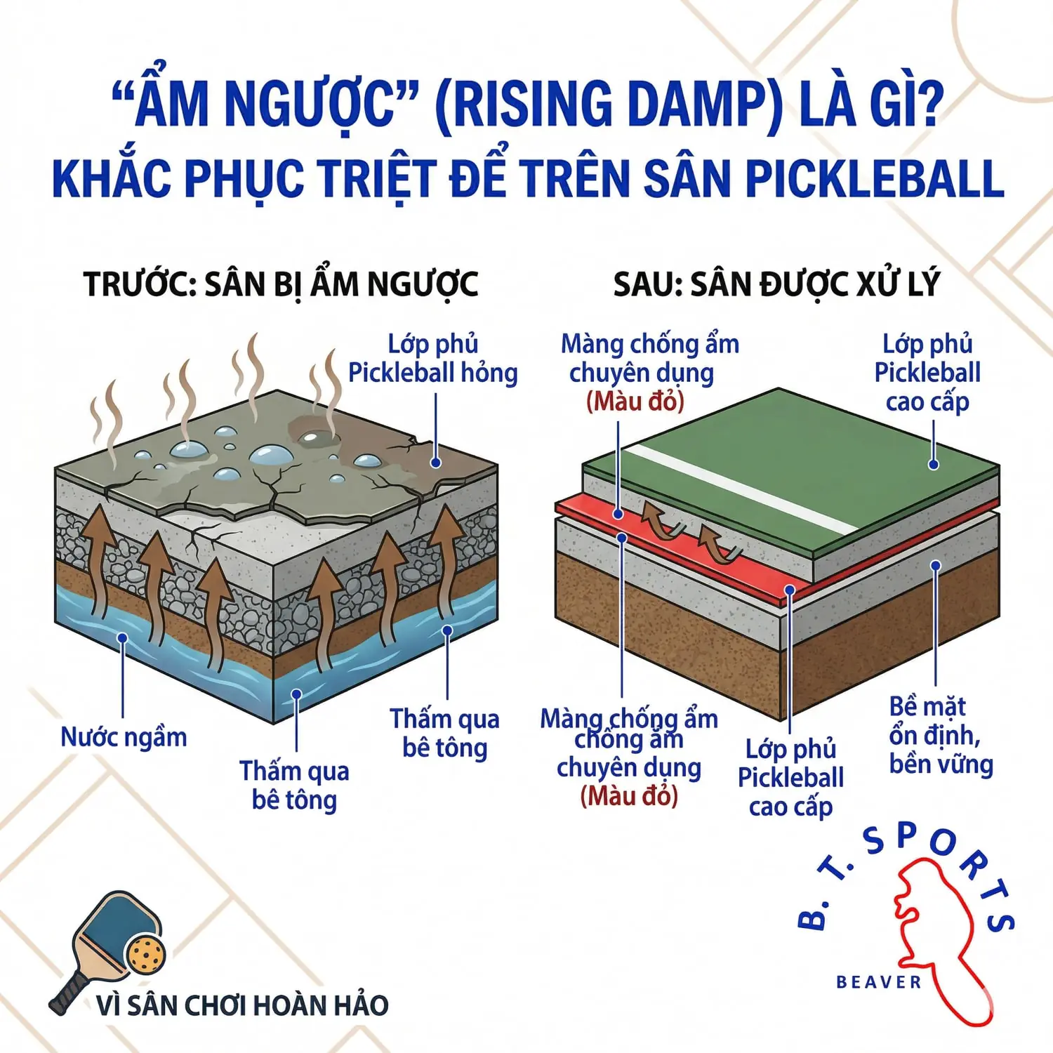 "Ẩm ngược" (Rising Damp) là gì? Khắc phục triệt để trên sân Pickleball 3 ẩm ngược là gì