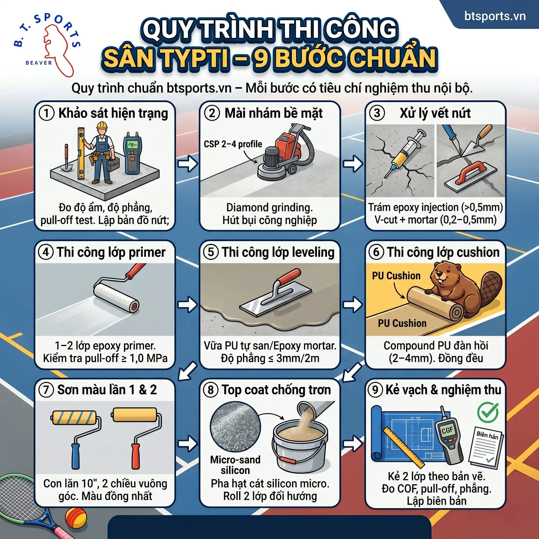 Thi Công Sơn Sân Typti: Hướng Dẫn Toàn Diện Từ Nền Bê Tông Đến Lớp Phủ Hoàn Thiện 6 Quy Trình Thi Công Sân Typti